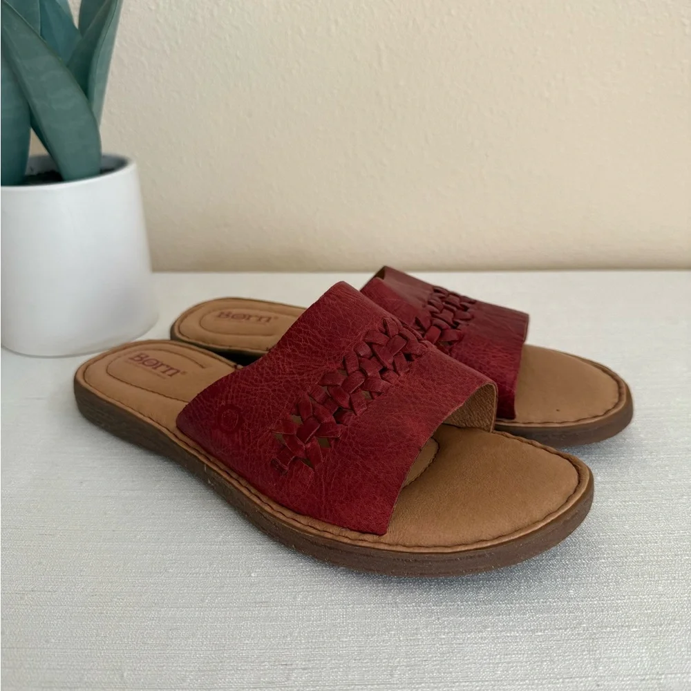 Born Burgundy Leather Woven Slide Sandals - Picture 1 of 13
